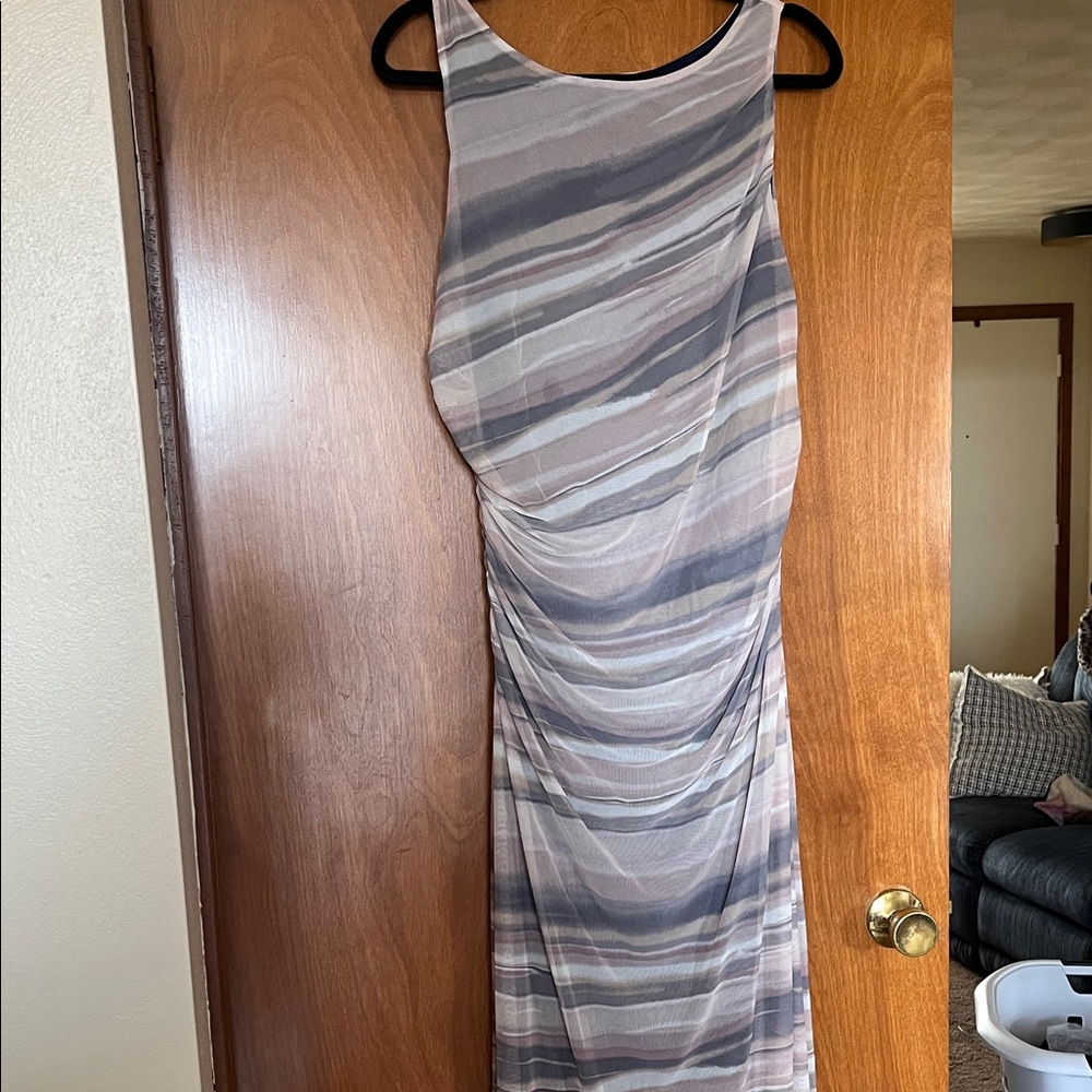 Nicole Miller Striped Sleeveless Maxi Dress in Gray and Cream with Taupe Accents